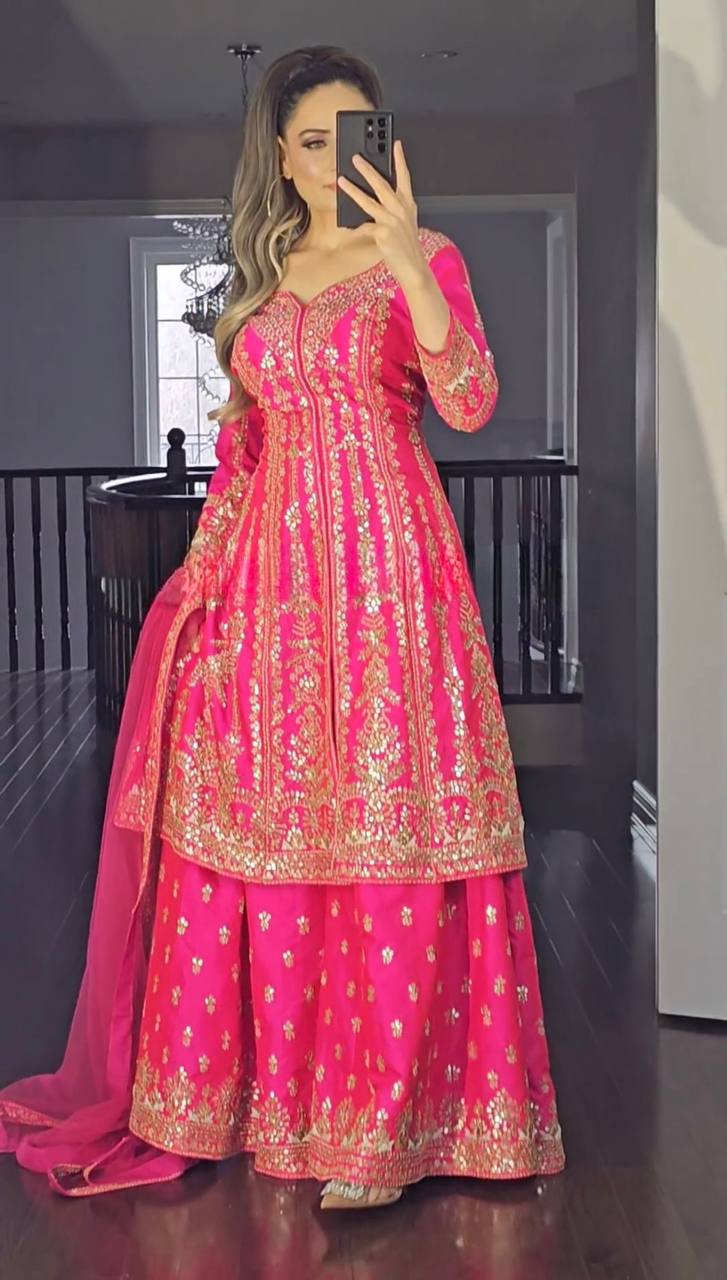 Rani Pink Special Presenting New Long Top Sharara Plazzo Dupatta Suit Set - Image 3