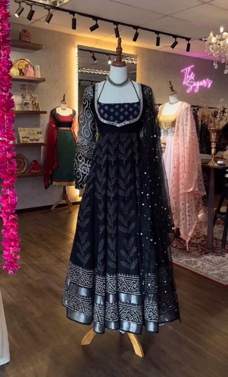 Classic Neavy Blue Print Muslin Cotton Anarkali Set - Image 2
