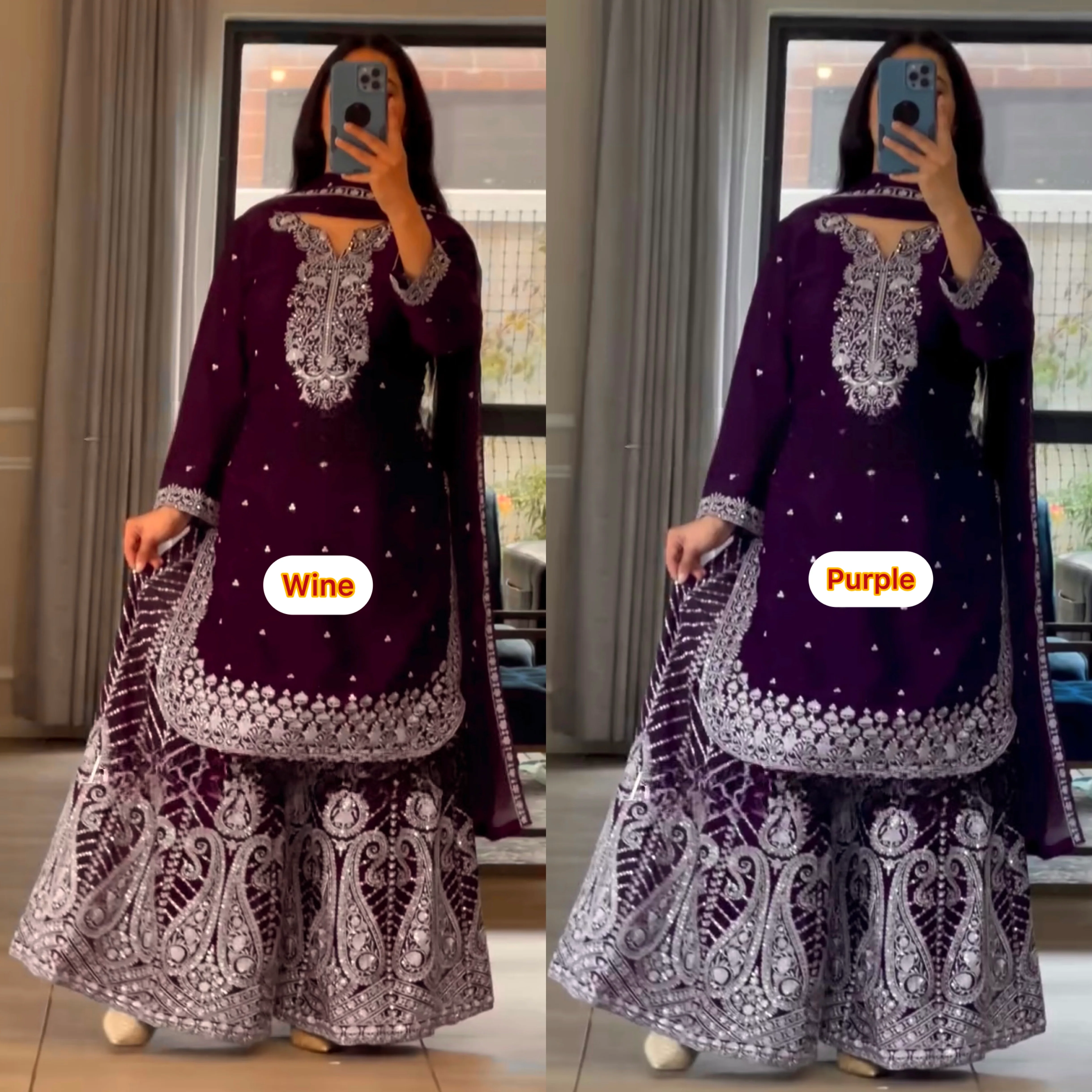 Deep Purple and Wine Gharara Set with Intricate White Embroidery