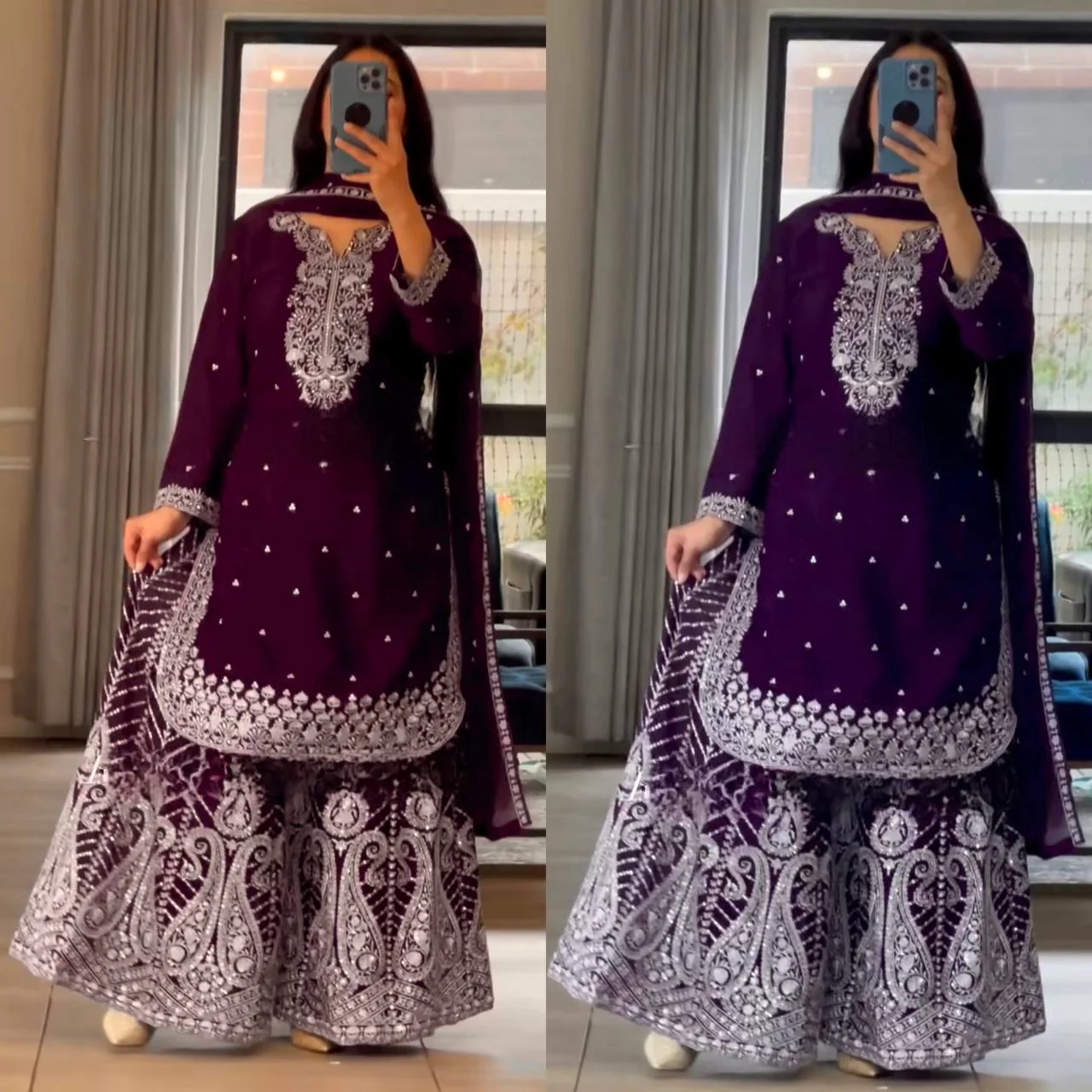 Deep Purple and Wine Gharara Set with Intricate White Embroidery - Image 2