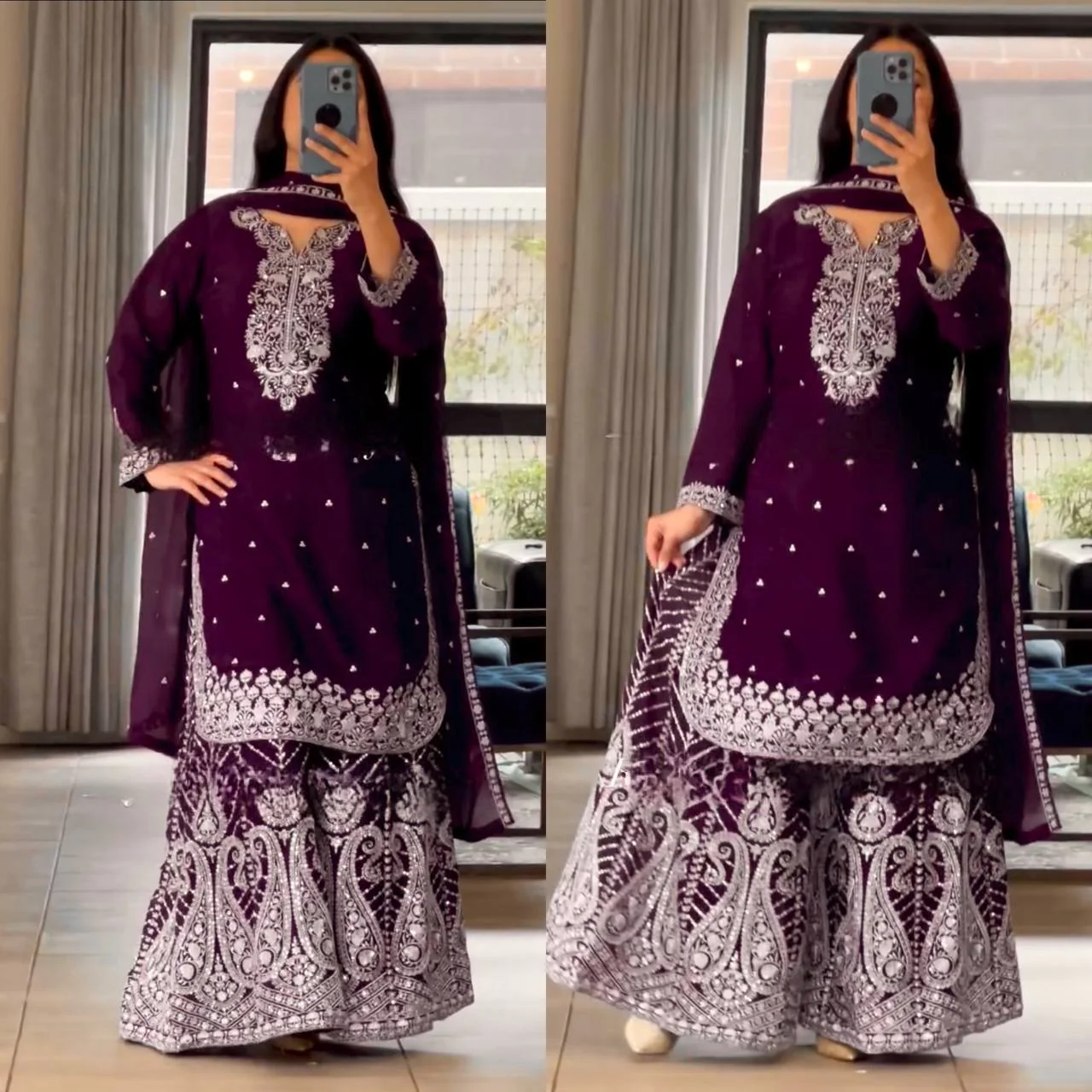 Deep Purple and Wine Gharara Set with Intricate White Embroidery - Image 3