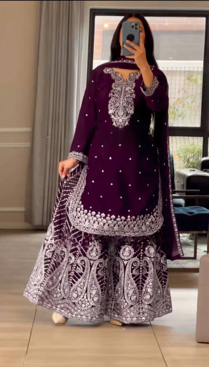 Deep Purple and Wine Gharara Set with Intricate White Embroidery - Image 4