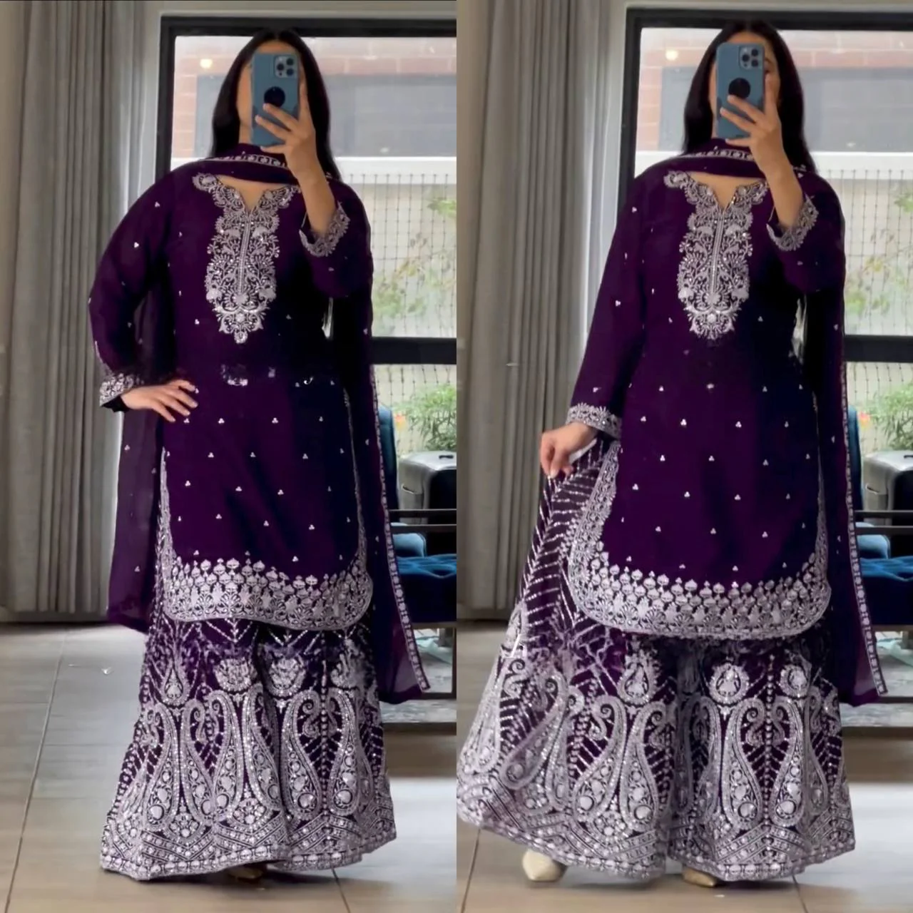 Deep Purple and Wine Gharara Set with Intricate White Embroidery - Image 7