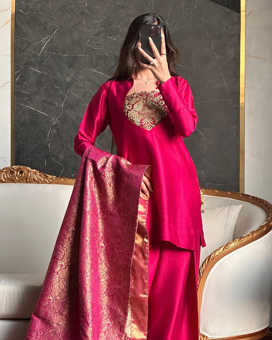 Deep Rani Pink Silk Patiala Suit with Heavy Bids Hand Work Neckline & Jacquard Dupatta set - Image 6