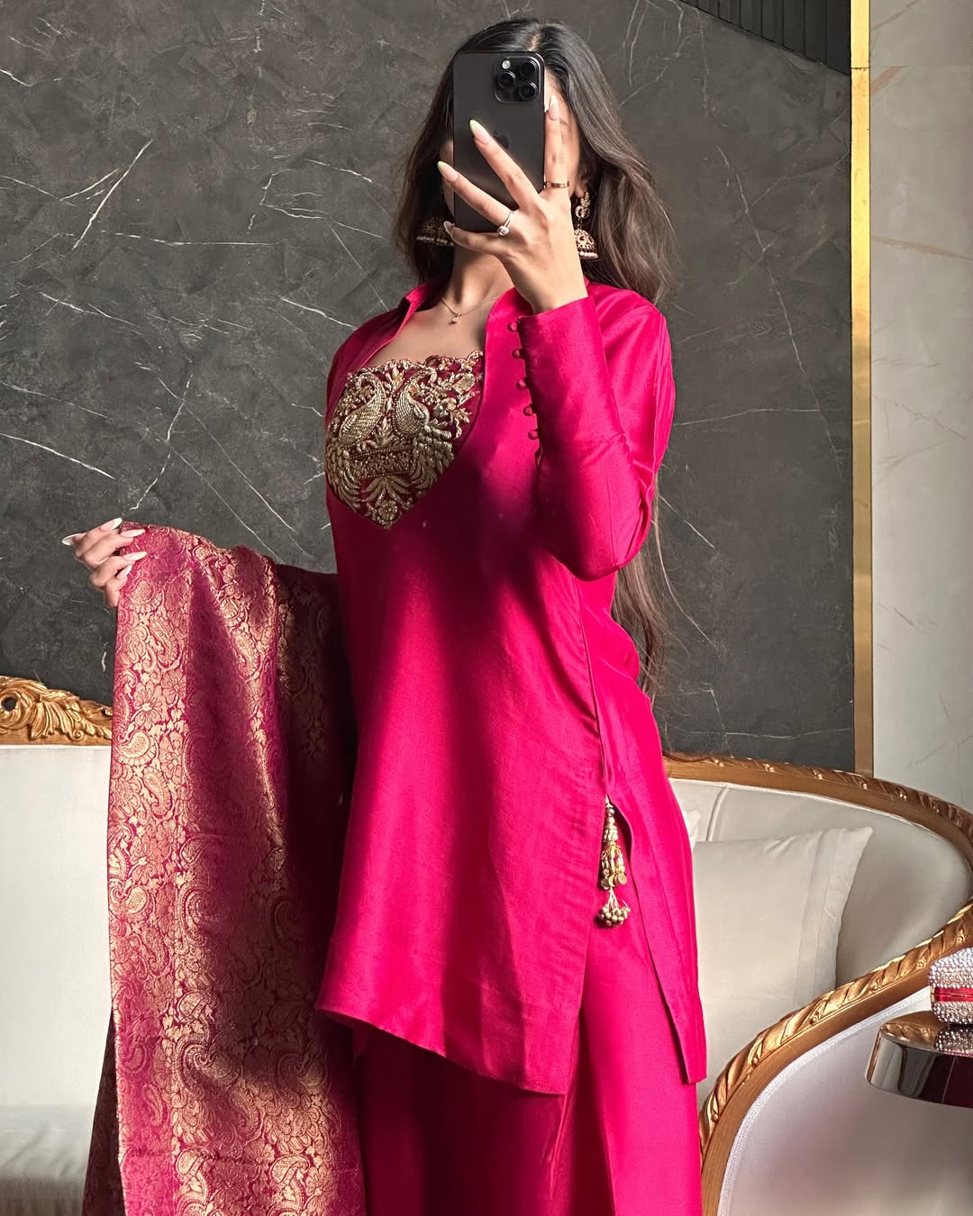 Deep Rani Pink Silk Patiala Suit with Heavy Bids Hand Work Neckline & Jacquard Dupatta set - Image 7