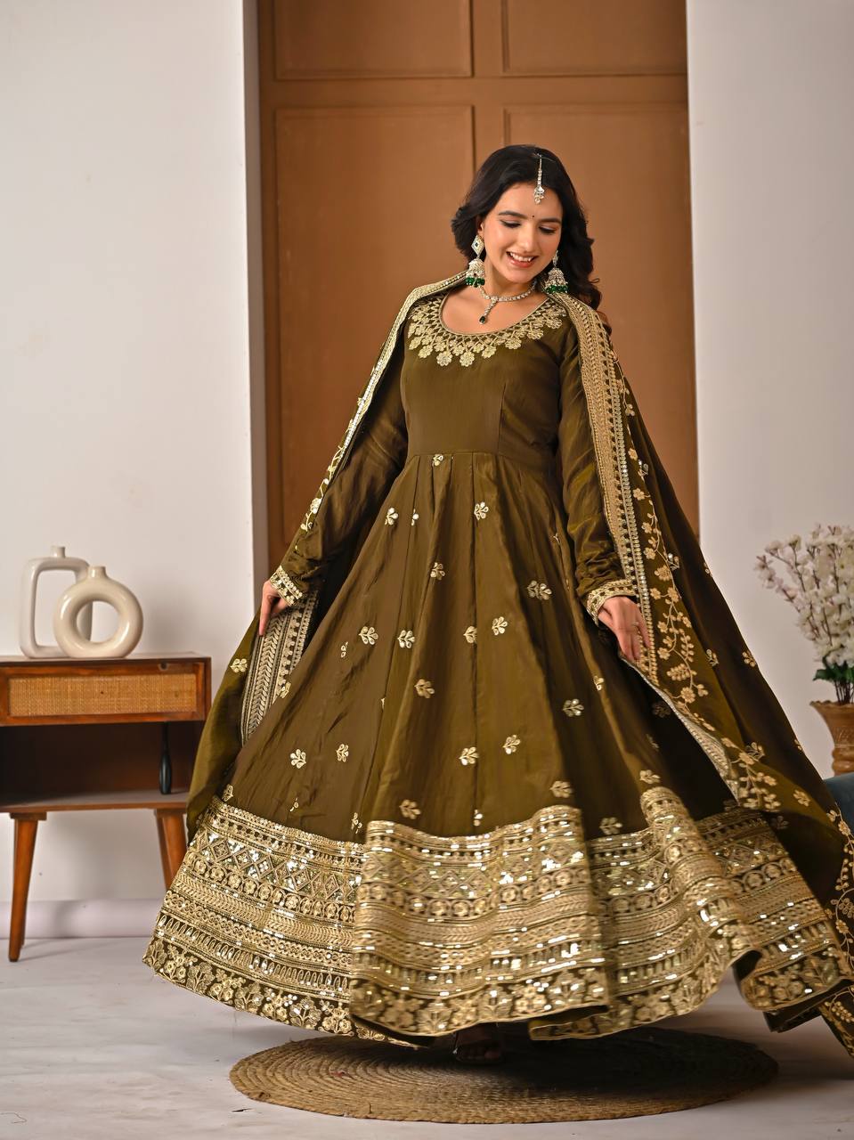 Elegant Olive Green Festive Gown - Image 4