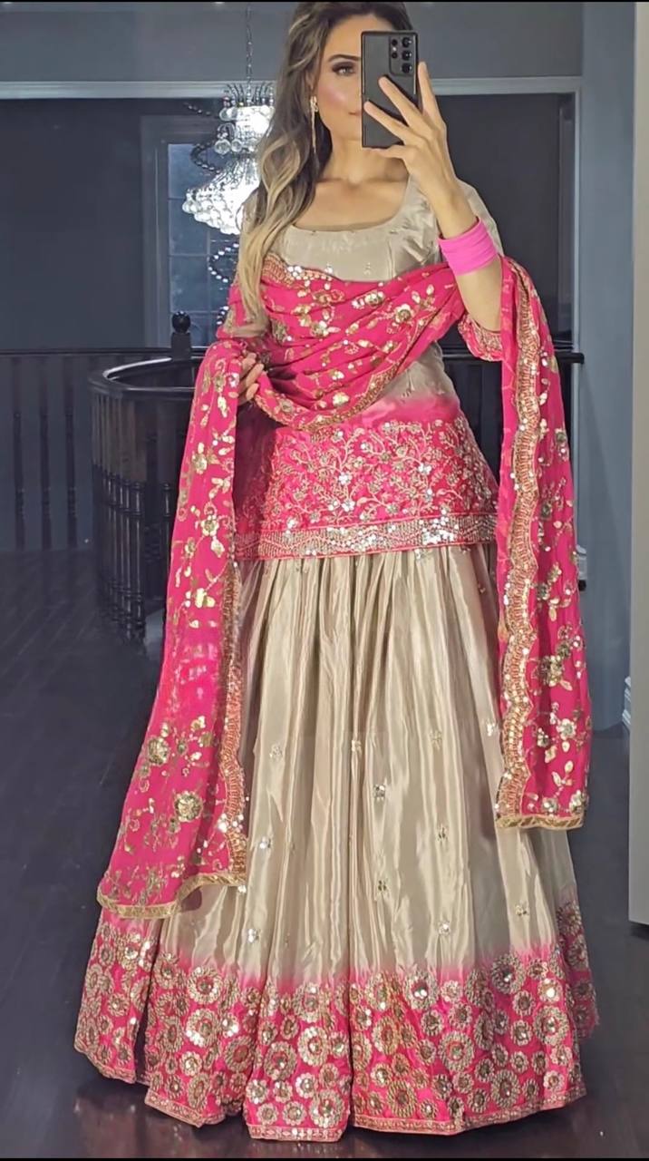Peding Colour New Chinon Fabric Top Lehenga and Dupatta With Heavy Embroidery Work Set - Image 3