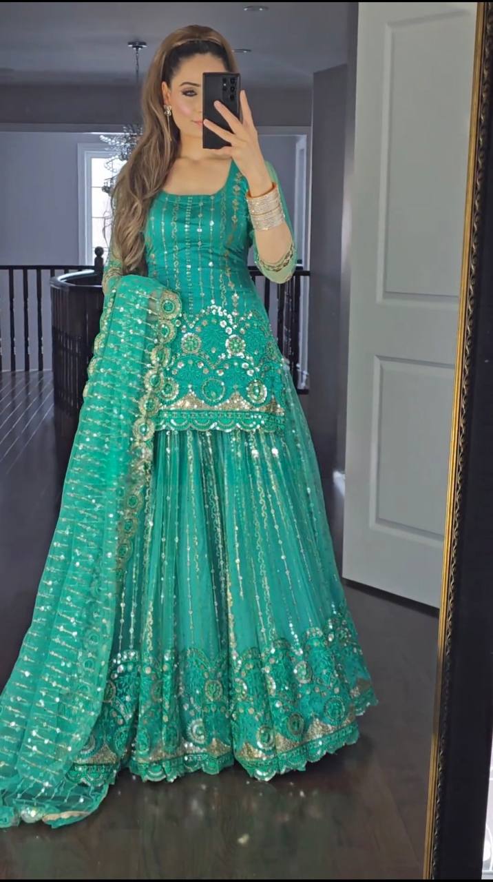 Green Colour Party Wear Look Top Lehenga and Dupatta With Heavy Embroidery Work Set - Image 3