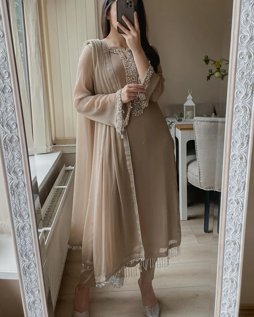Desirable fancy faux georgette real pearl hand work top and pant with dupatta Suit Set - Image 3