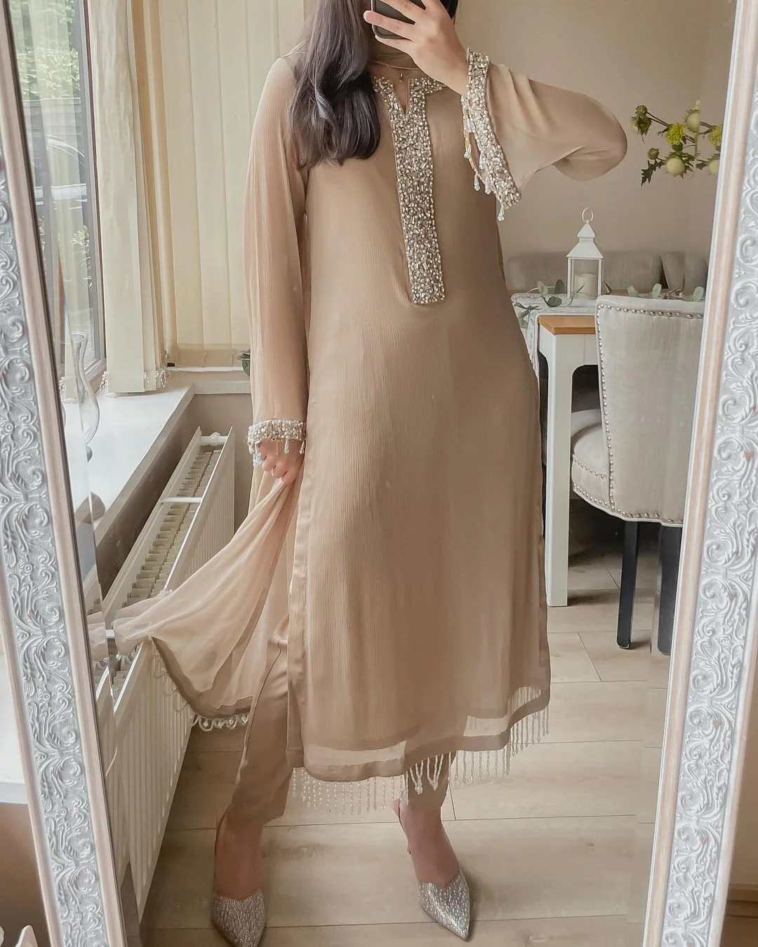Desirable fancy faux georgette real pearl hand work top and pant with dupatta Suit Set - Image 5