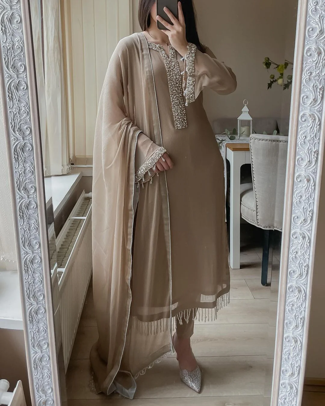 Desirable fancy faux georgette real pearl hand work top and pant with dupatta Suit Set - Image 7