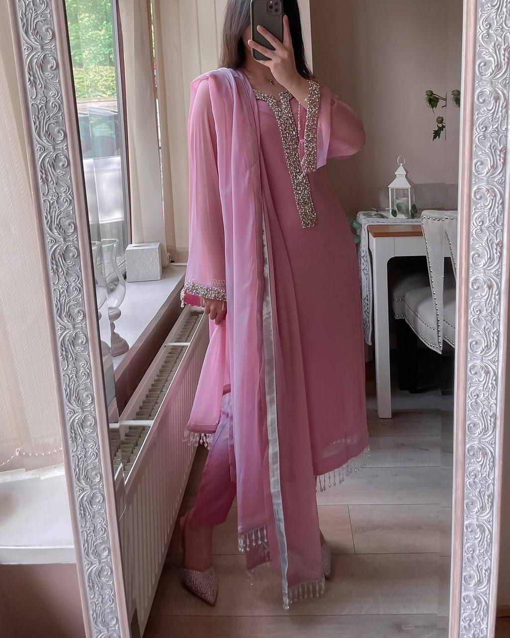 Desirable fancy faux georgette real pearl hand work top and pant with dupatta Suit Set - Image 8