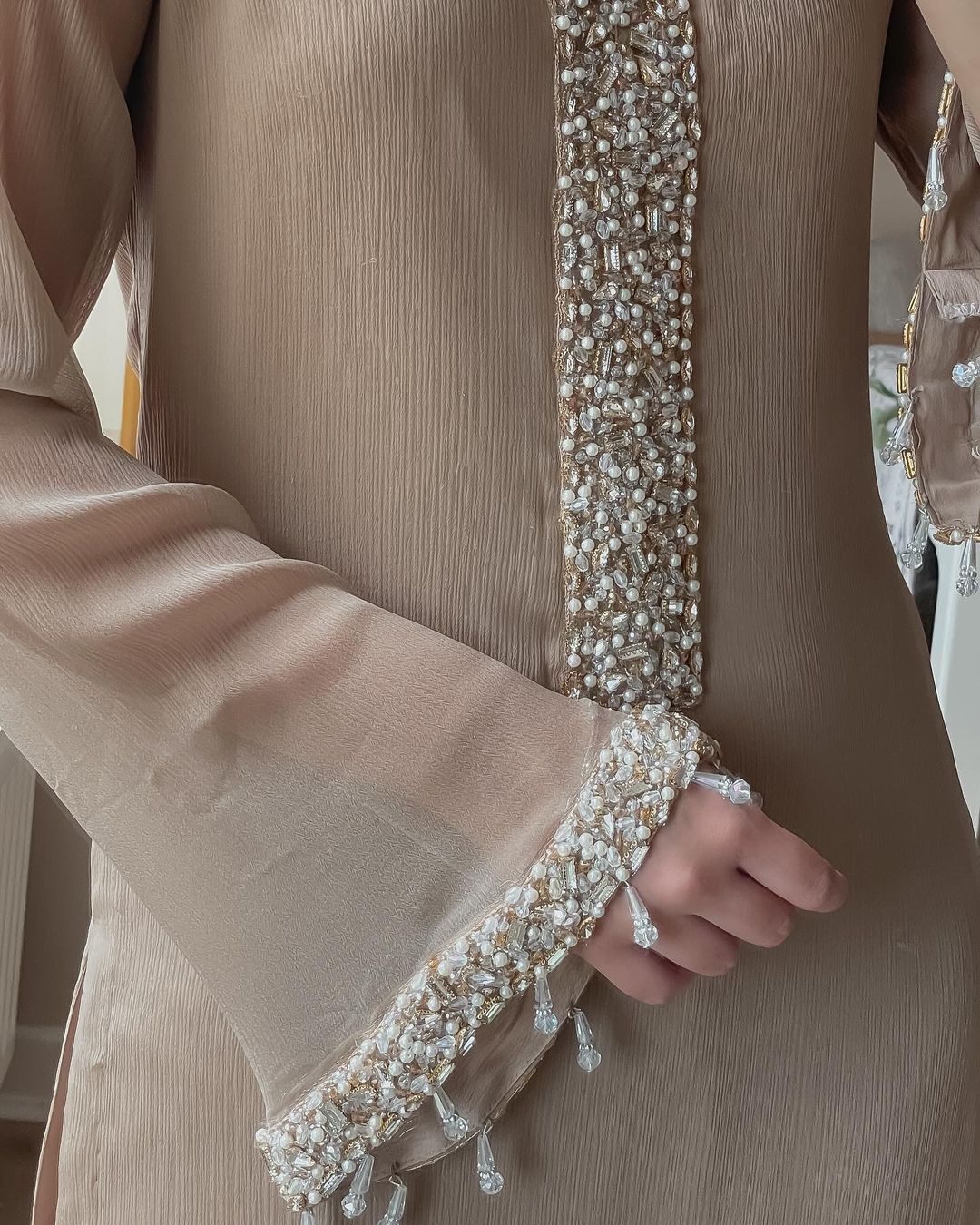 Desirable fancy faux georgette real pearl hand work top and pant with dupatta Suit Set - Image 9