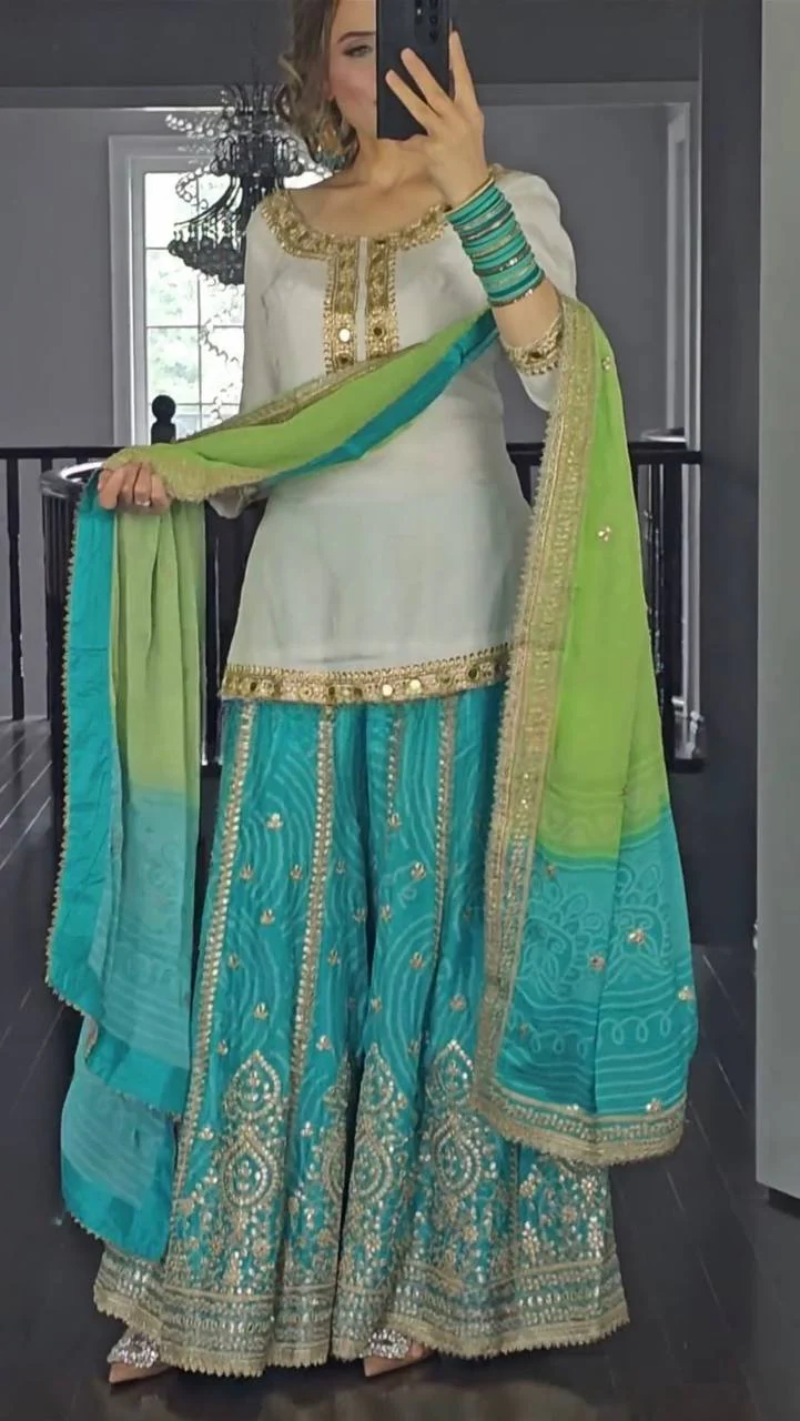 White and Sky Special Presenting New Top Sharara Plazzo Suit Set - Image 2