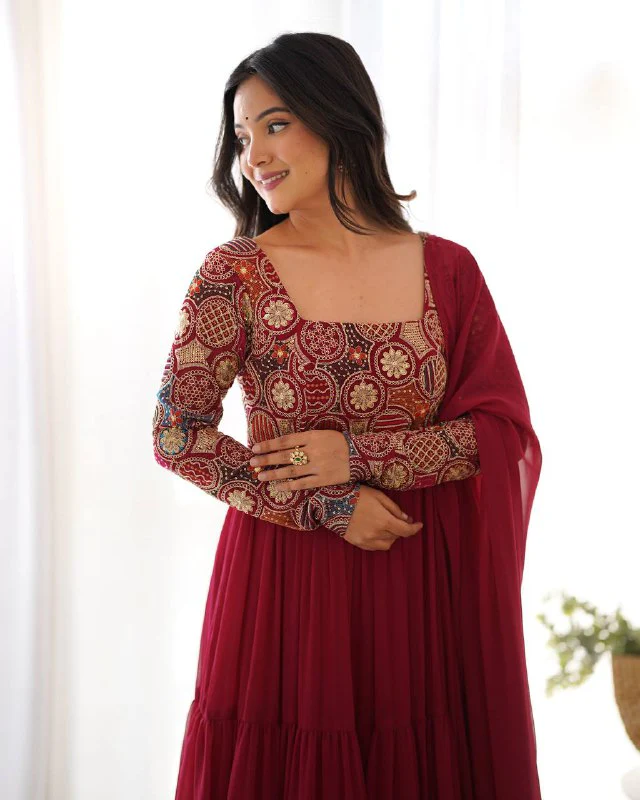Timeless Beauty in Flowy Red Attire - Image 6